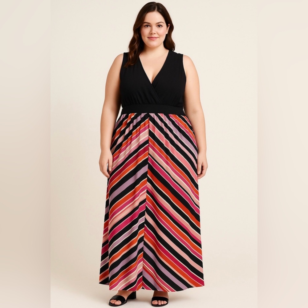 Cato Sleeveless Maxi Dress Size 18 | Black Top Colorful Striped Skirt Plus‎ Size